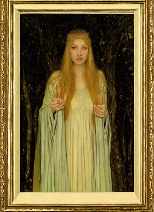 Image similar to a portrait of galadriel in lothlorien, by thomas cooper gotch and simeon solomon