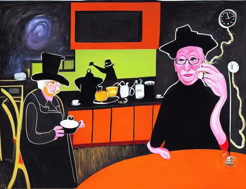 Image similar to a colorful dark night painting of a old and strange dusty professor in black suite and hat and a old woman making a study of drinking 1 0 cups of black coffee in 5 seconds in a kitchen that is melting, styled by francis bacon