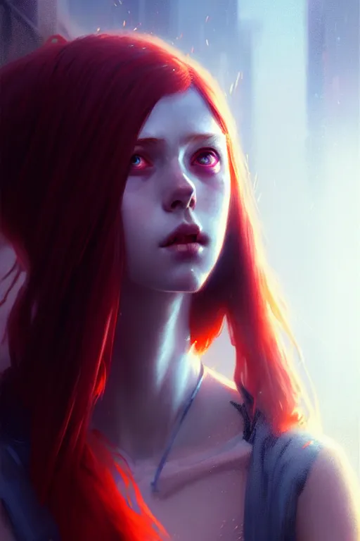 Prompt: a young tall, slender girl, with fiery red hair and bright blue eyes, hyperrealistic face, beautiful eyes, fantasy art, in the style of greg rutkowski, intricate, hyperdetalized, smooth, cyberpunk, tech