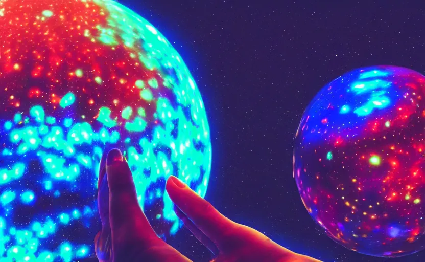 Image similar to pro - vida, cosmic integration, closeup of a hand holding spheres of power, cosmic color scheme, macro up view, neon, glow, darkness, dramatic, sharp focus, octane render, imax