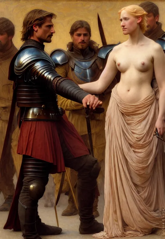 Image similar to attractive handsome fully clothed jaime lannister confesses his love for attractive fully armored brienne of tarth. centered composition. highly detailed painting by gaston bussiere and j. c. leyendecker and william adolphe bouguereau and fra angelico and octane render, musee d'orsay 8 k