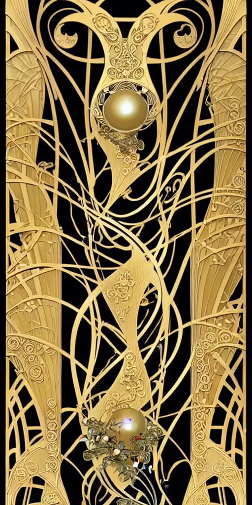 Image similar to the source of future growth dramatic, elaborate emotive Art Nouveau styles to emphasise beauty as a transcendental, seamless pattern, symmetrical, large motifs, 8k image, supersharp, metallic reflective surfaces, glittery iridescent and black colors with gold accents, perfect symmetry, Art nouveau curves and swirls, iridescent, pearlescent, High Definition, sci-fi, Octane render in Maya and Houdini, light, shadows, reflections, photorealistic, masterpiece, smooth gradients, high contrast, 3D, no blur, sharp focus, photorealistic, insanely detailed and intricate, cinematic lighting, Octane render, epic scene, 8K