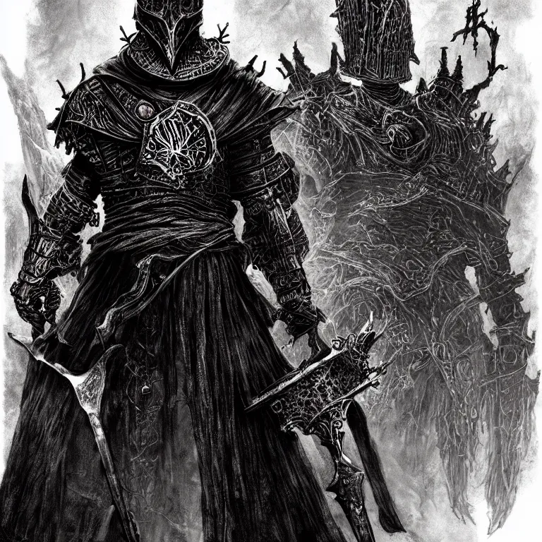 Prompt: Folk horror portrait of the ashen one from dark souls III (dark souls 3), detailed illustration by Yoshitaka Amano