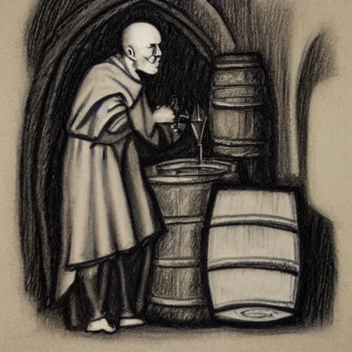 Image similar to charcoal sketch of a monk drinking wine next to a barrel, medieval style