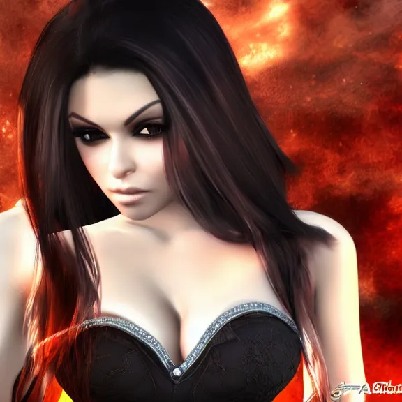 Image similar to portait of haifa wehbe, long hair centred, hd, very charming look, very detailed curve, unreal engine, final fantasy style, fairy tail background