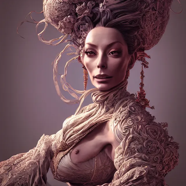 Image similar to the portrait of isabelledeltore as an absurdly beautiful, graceful, elegant, sophisticated, an ultrafine hyperdetailed illustration by kim jung gi, irakli nadar, intricate linework, bright colors, octopath traveler, final fantasy, unreal engine 5 highly rendered, global illumination, radiant light, detailed and intricate environment