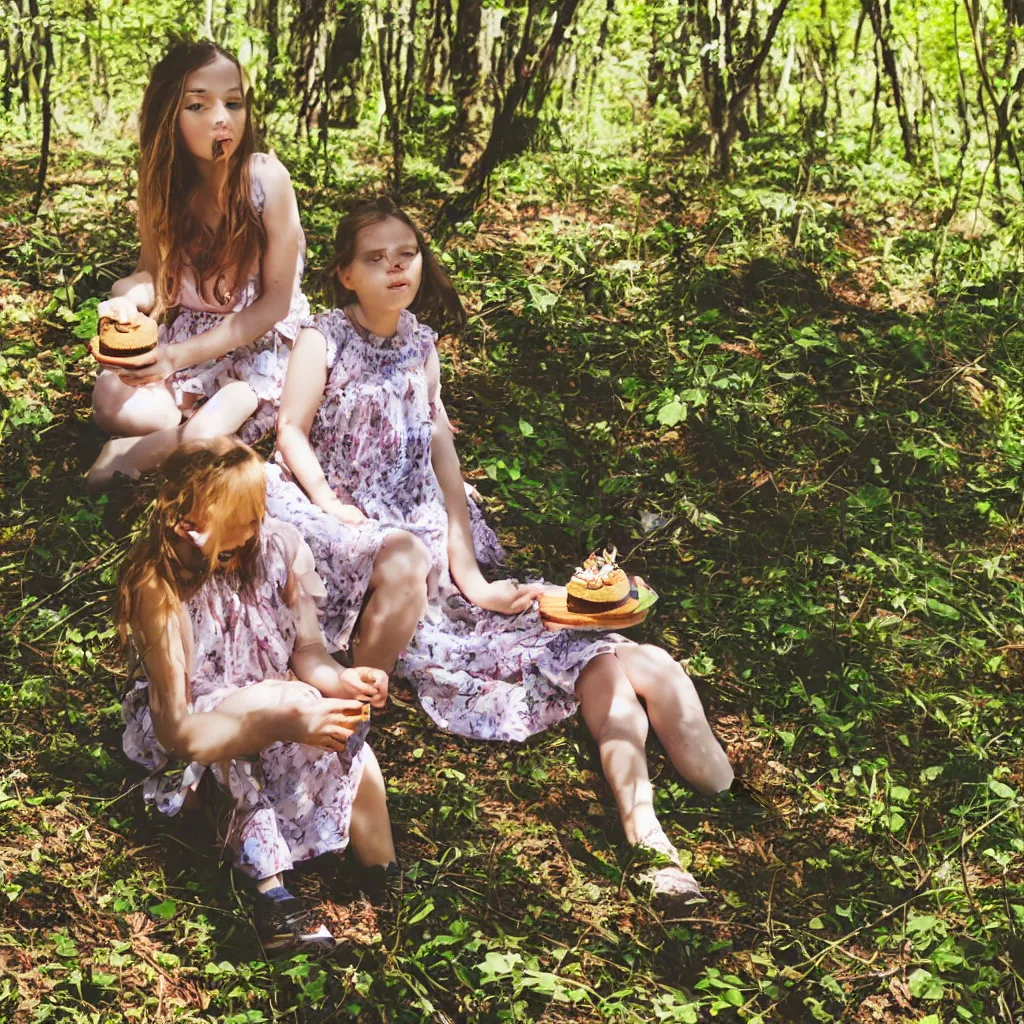 Prompt: a girl sitting in a forest, girl eating a piece of cake, sunny day, windy day