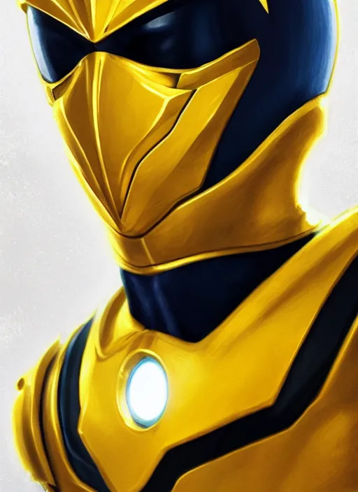 Image similar to portrait, head and torso only, yellow ranger, trending on artstation, concept art, movie poster, fine detail, extremely detailed, sharp focus, smooth, digital illustration, by rossdraws, frank franzzeta, sakimichan, corrected hand, perfect hands, 4 k