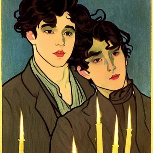 Image similar to painting of young cute handsome beautiful dark medium wavy hair man in his 2 0 s named shadow taehyung and cute handsome beautiful min - jun together at the halloween! party, bubbling cauldron!, candles!, smoke, autumn! colors, elegant, wearing suits!, delicate facial features, art by alphonse mucha, vincent van gogh, egon schiele