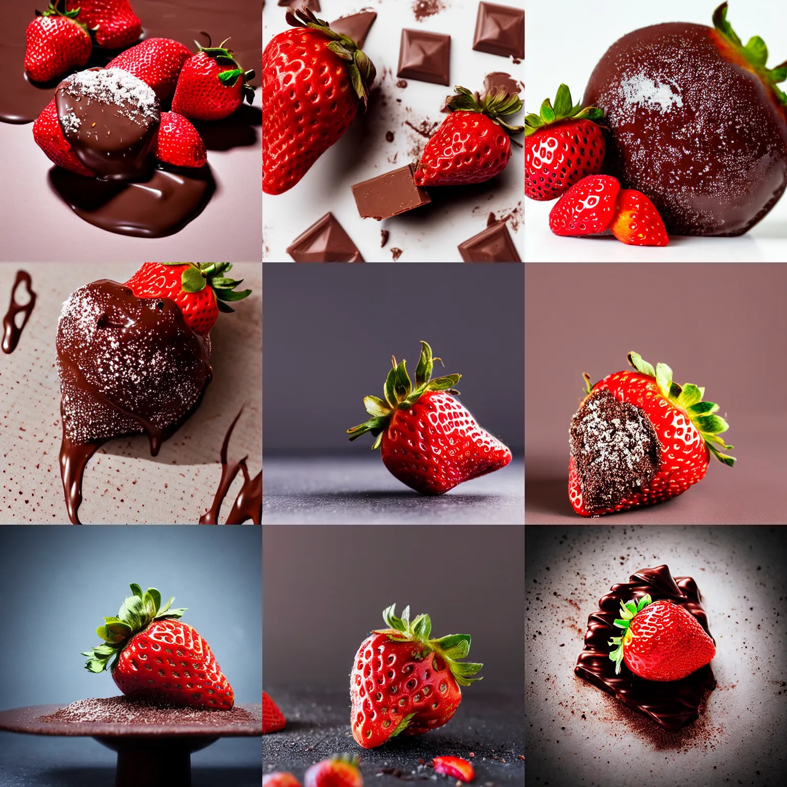 Prompt: a strawberry covered in melted chocolate, tasty, studio lighting,