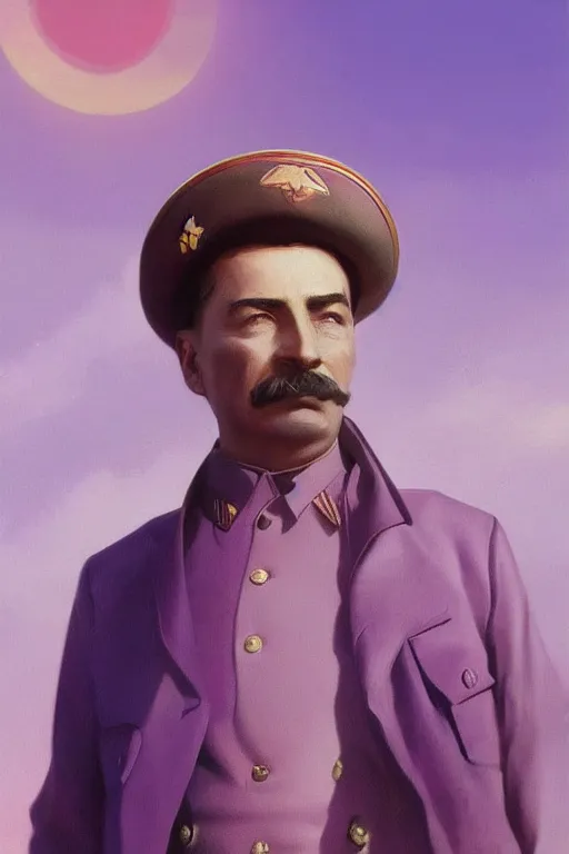 Image similar to joseph stalin luxury clothes in the beach purple sun, pink lighting ultra realistic photorealistic highly detailed high quality, a stunningly, digital painting, artstation, concept art, smooth, sharp focus, illustration, art by artgerm and greg rutkowski and alphonse mucha 8 k