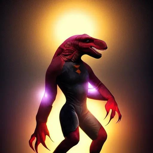 Image similar to a super hero dinosaur, beautiful lighting, digital art,