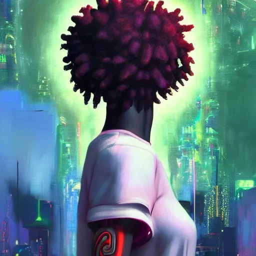 Image similar to afro - cyberpunk deities unseen amongst their creations, a society manifesting dreams with cosmic ancestral magic in a post - modern techno world | hyperrealistic oil painting | by makoto shinkai, ilya kuvshinov, lois van baarle, rossdraws, basquiat | afrofuturism, in the style of surrealism, trending on artstation, | red and black color palette