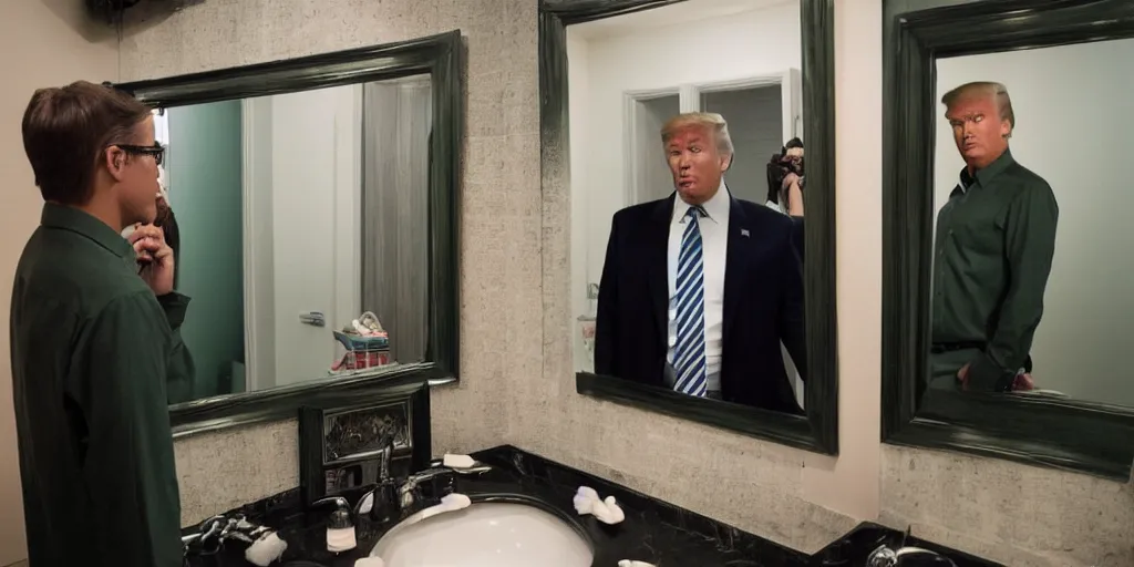 Prompt: ultra wide angle photo of donald trump dressed in a a green flannel shirt and black dress pants as clark kent looking at himself in a bathroom mirror and seeing his reflection as superman