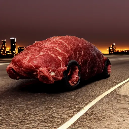 Image similar to car made of meat, 8 k, octane render, scary, dark, city in backround, meaty, very meaty, super super meaty