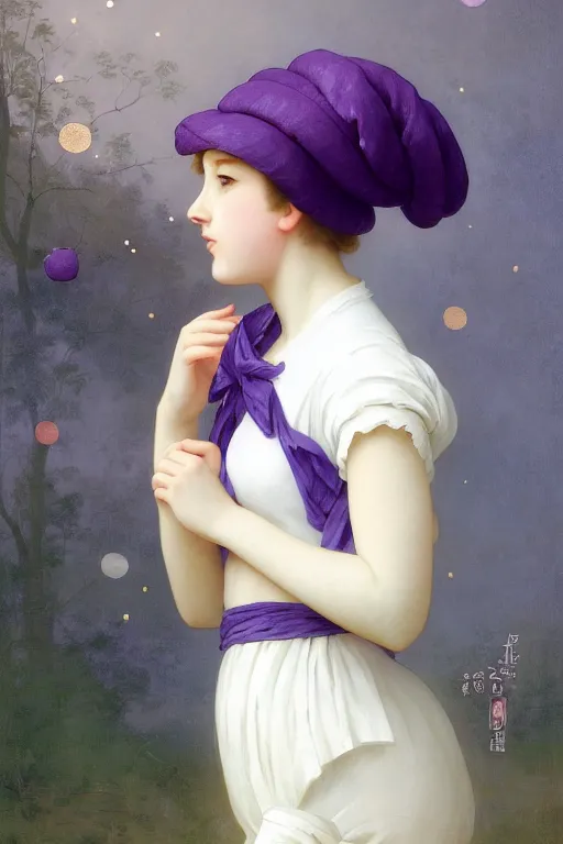 Image similar to Full View girl with short blond hair wearing an oversized purple Beret, Baggy Purple overall shorts, Short Puffy pants made of silk, silk shoes, a big billowy scarf, Golden Ribbon, and white leggings Covered in stars. Short Hair. masterpiece 4k digital illustration by Ruan Jia and Mandy Jurgens and Artgerm and william-adolphe bouguereau, award winning, Artstation, art nouveau aesthetic, Alphonse Mucha background, intricate details, realistic, panoramic view, Hyperdetailed, 8k resolution, intricate art nouveau