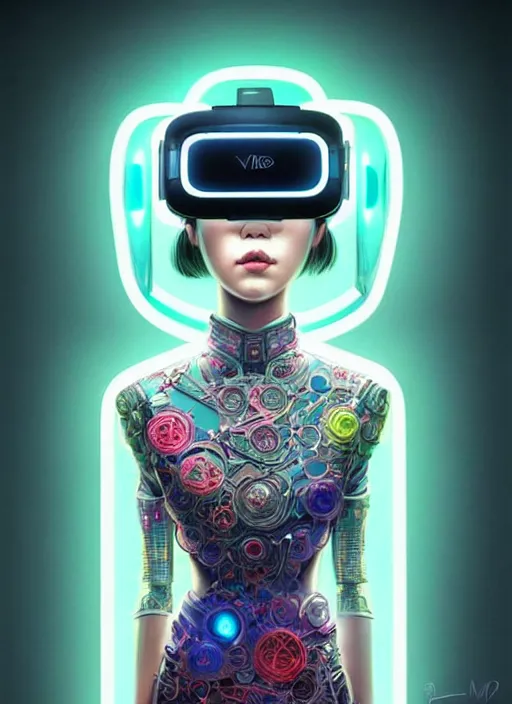 Image similar to wide angle portrait shot of female japanese android wearing a vr headgear and in a very detailed and intricate kimono dress, hologram hovering around her, intricate detail, cyber neon lighting, highly detailed, artstation, glamor pose, concept art, art by peter mohrbacher and artgerm, pinterest, artstation,