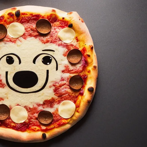 Prompt: photo of a pizza with a dog face