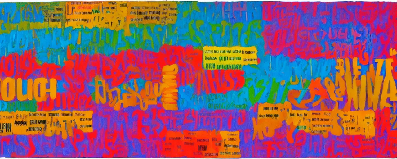 Image similar to a colorful painting of words and letters, by Mel Bochner, oil paint, abstract, Concrete poetry, colorful, Highly Detailed