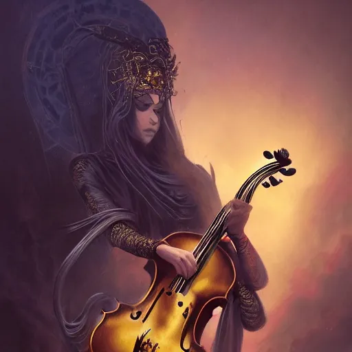 Prompt: illustration of close low angle view of an ornate obsidian gothic violin played by a goddess with gold spidery embellishments, night, smoke, ground fog, by peter mohrbacher, by frank frazetta, by vincent di fate, large depth of field, super detailed, digital art, trending on artstation, ornate