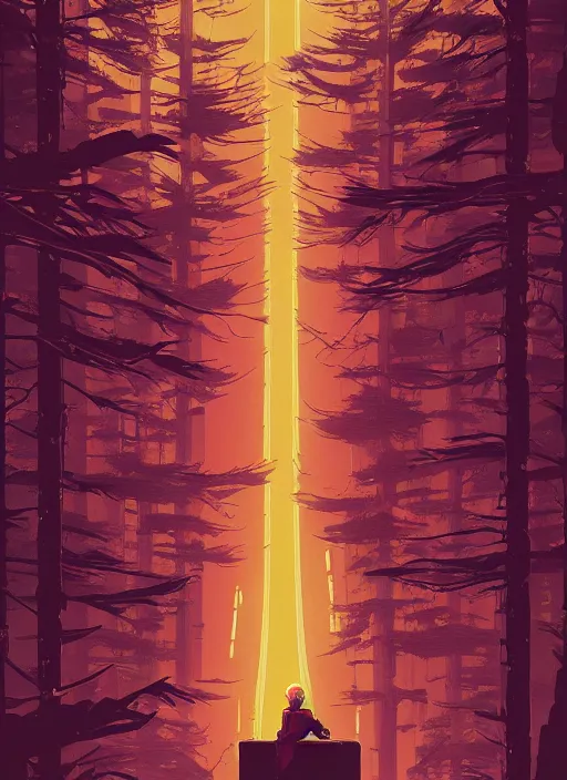 Prompt: a transparent glass movie poster of a cyberpunk explorer overlooking a giant bright monolith in a beautiful mystical forest, risograph by laurie greasley, kawase hasui, josan gonzalez, jean giraud, moebius and edward hopper, colourful flat surreal design, in the style of oxenfree, super detailed, a lot of tiny details, fullshot
