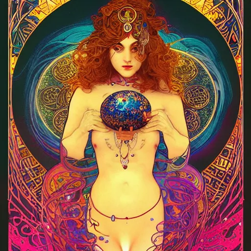 Image similar to psychic gypsy woman magic8ball tarot card, swirling glowing flowing energies, gypsy woman sees into the future, mysterious with hynotic pretty eyes, hyperdetailed, artstation by James Jean, Moebius, Mucha Klimt and Tom Bagshaw , featured on Artstation, CGsociety, Behance HD