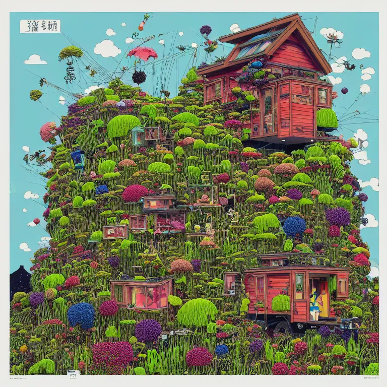 Prompt: tiny house by kengo kuma on island sea cloud surreal art by geof darrow jason naylor, very coherent, sharp, colorful high contrast, dark shadows, hard lighting, floralpunk flower green plants garden, inking etching screen print, hd, 8 k hyper detailed, octane render