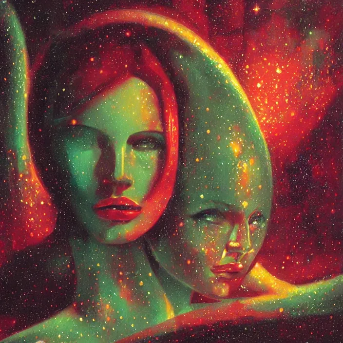 Prompt: beautiful female portrait, red and green palette, night lights, starry sky, by ( h. r. giger ) and paul lehr