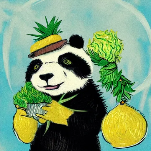 Prompt: cute panda wearing a lettuce hat, robber holding a chandelier, style of van Gogh