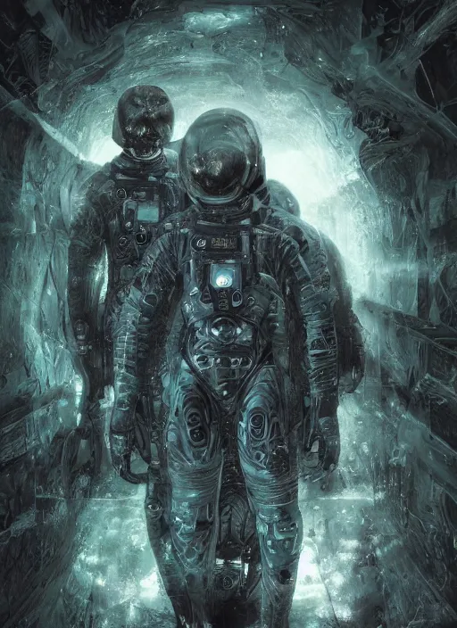 Image similar to astronauts in dark void underwater - complex and hyperdetailed technical suit. reflection and dispersion materials. rays and dispersion of light. volumetric light. f / 3 2. noise film photo. flash photography. ultra realistic, wide angle. poster by wayne barlowe, hajime sorayama aaron horkey, craig mullins