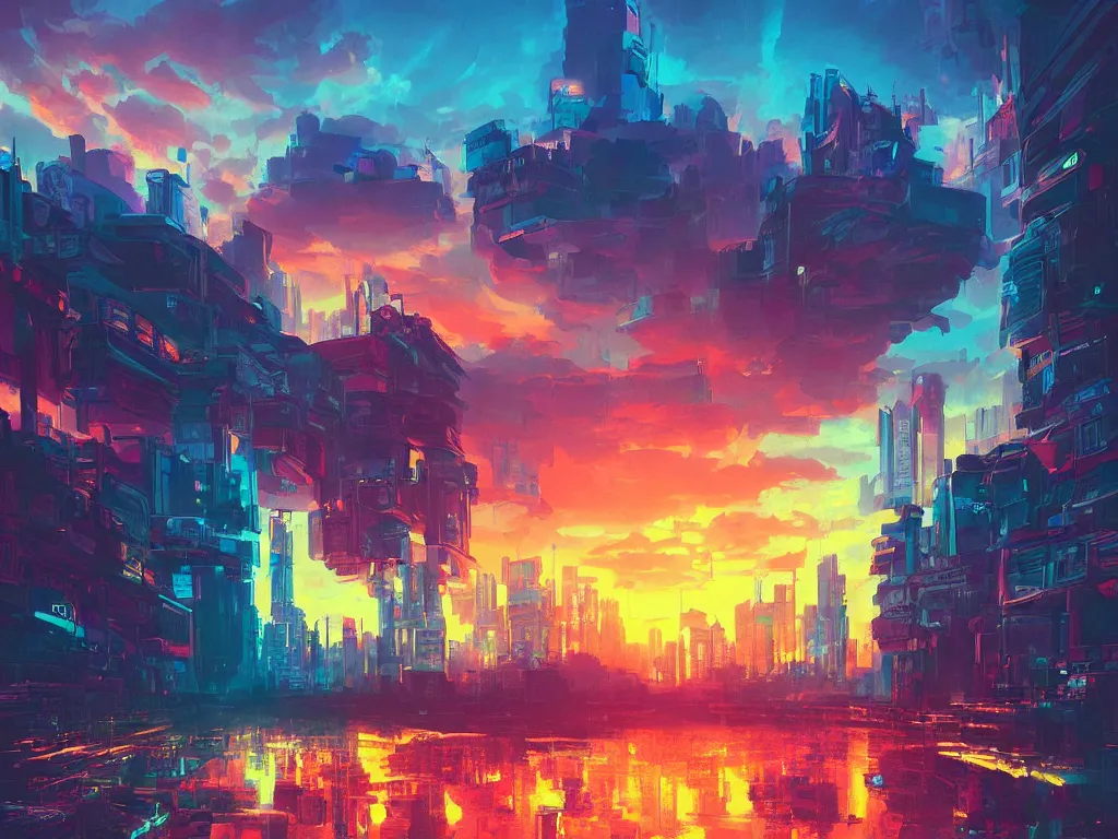 Prompt: a painting of a colorful sunrise futuristic city surrounded by clouds, cyberpunk art by alena aenami, cg society contest winner, retrofuturism, matte painting, apocalypse landscape, cityscape