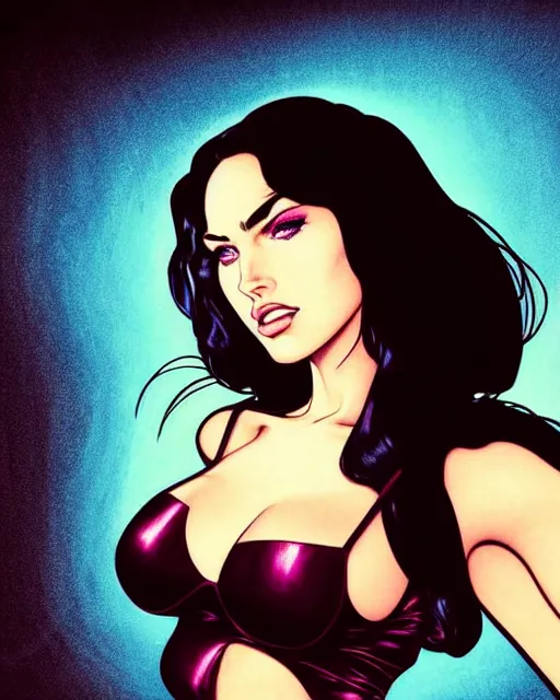 Image similar to low angle closeup beautiful very seductive megan fox retro scifi goddess pinup, action glamour pose, windblown dark hair, hyper detailed, digital art, studio lighting, smooth, ambient lighting, sharp focus, frank miller, wlop, anna dittmann, moebius!, alphonse mucha, patrick nagle!!, rim lighting, synthwave