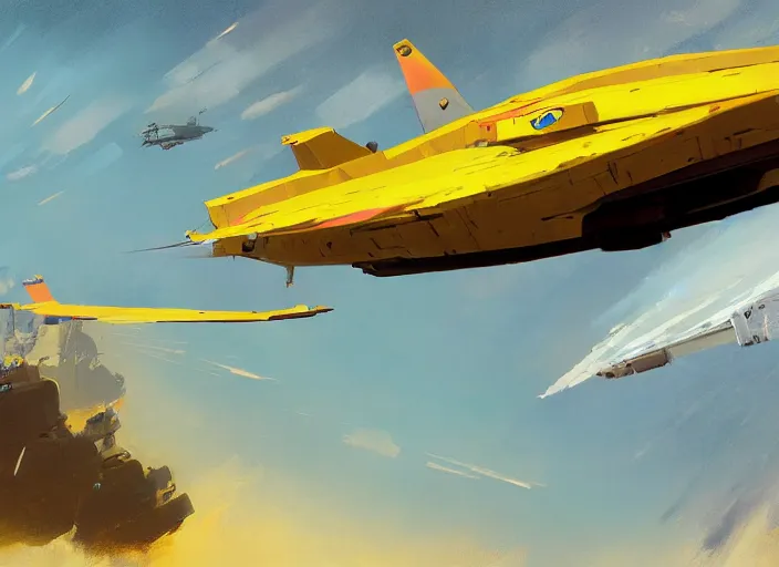 Image similar to a painting of a futuristic yellow submarine plane flying through the sky, concept art by Ian McQue, cgsociety, highly detailed, artstation, concept art, sci-fi