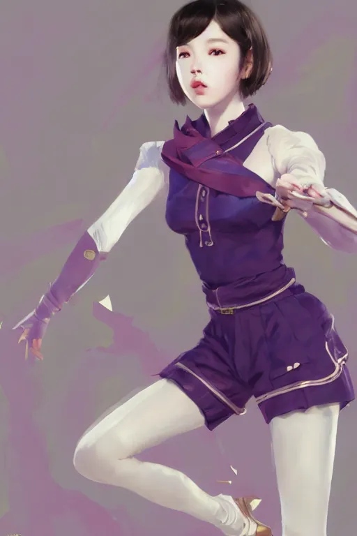 Image similar to Full View of Eunha from Viviz and gFriend with short hair wearing a purple military uniform and puffy silk shorts, white leggings, Golden Ribbon, and a billowy scarf. Rhythmic gymnastics poses. masterpiece 4k digital illustration by Ruan Jia and Mandy Jurgens and Artgerm and greg rutkowski and WLOP, award winning, Artstation, art nouveau aesthetic, Alphonse Mucha background, intricate details, realistic, panoramic view, Hyperdetailed, 8k resolution, intricate art nouveau