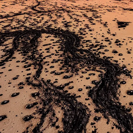 Image similar to apocalyptic desert earth, covered in mysterious black gooey liquid slime