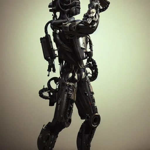 Image similar to Full lenght view contamporary art photography of ultra mega super hyper realistic warmachine by Hiromasa Ogura . Photo on Leica Q2 Camera, Rendered in VRAY and DaVinci Resolve and MAXWELL and LUMION 3D, Volumetric natural light. Wearing cyberpunk suit with many details by Hiromasa Ogura .Rendered in VRAY and DaVinci Resolve and MAXWELL and LUMION 3D, Volumetric natural light