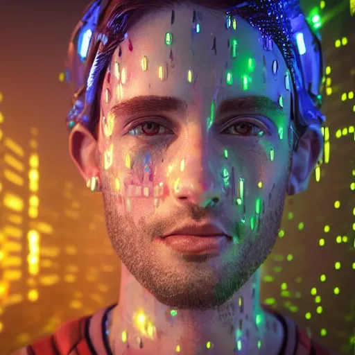 Prompt: human portrait made out of rain, beautiful, neon, epic detail, galactic background, rendered in octane, unreal engine, realistic