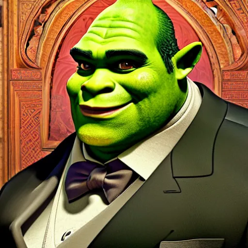 Image similar to handsome shrek in a tuxedo in a moroccan wedding, highly detailed, digital painting, artstation, concept art, sharp focus, illustration, art by greg rutkowski and alphonse mucha