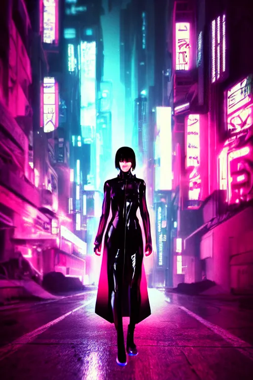 Image similar to high fashion poster clothing design photographic, majiec kuciara, cyberpunk blade runner, volumetric light, floodlight, ambient, street, dark, neon lights, artstation, high contrast, 4 k detailed