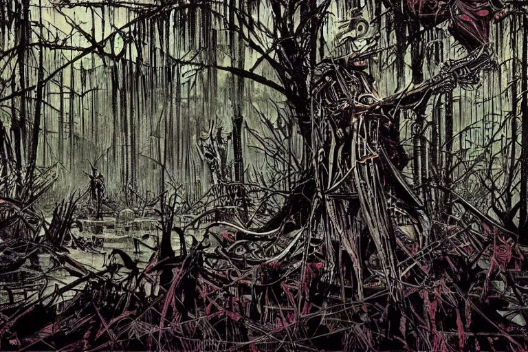 Prompt: scene from louisiana swamps, true detective, artwork by philippe druillet