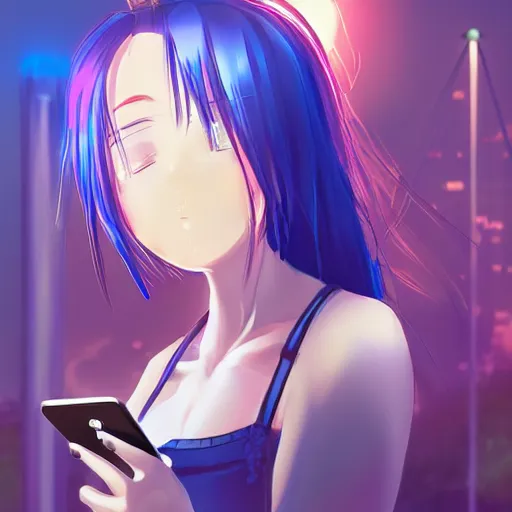 Image similar to Portrait of a beuatiful anime girl in blue hair holding a phone at night, standing near a light pole, high quality digital art 4k