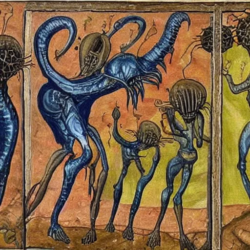 Image similar to realistic painting explaining to 1 3 th century people how aliens created life on earth