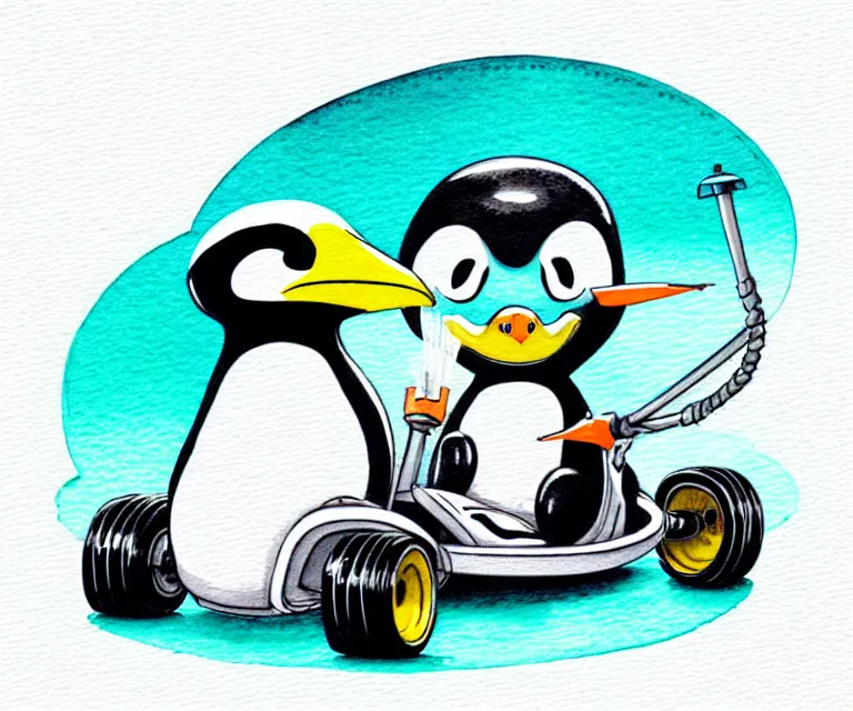 Prompt: cute and funny, penguin wearing a helmet riding in a tiny go kart with an oversized engine, ratfink style by ed roth, centered award winning watercolor pen illustration, isometric illustration by chihiro iwasaki, edited by range murata, tiny details by artgerm and watercolor girl, symmetrically isometrically centered, sharply focused