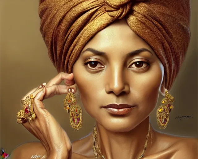 Prompt: mindblowing portrait of an elegant tan woman in her 5 0 s, ornate turban, brown eyes, ruby and gold jewelry, deep focus, symmetrical face, d & d, fantasy, intricate, elegant, highly detailed, digital painting, artstation, concept art, matte, sharp, illustration, hearthstone, art by artgerm and greg rutkowski and alphonse mucha