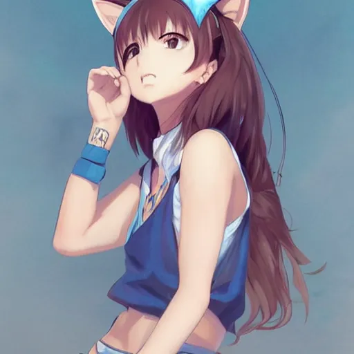 Prompt: A full body anime portrait of beautiful girl with cat ears, wearing a tank top and blue jean shorts; by Stanley Artgerm Lau, WLOP, Rossdraws, James Jean, Andrei Riabovitchev, Marc Simonetti, and Sakimichan, trending on artstation