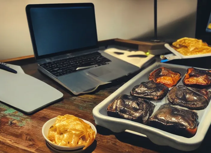 Prompt: view of a tray filled with greasy mushy food sitting computer table, poor lighting, photorealistic, dark, on desk, amateur photo