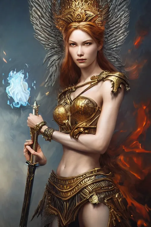 Prompt: a masterpiece ultrarealistic ultradetailed portrait of a very beautiful warrior queen angel with a fire sword, medium shot, intricate, elegant, by stanley artgerm lau, wlop, rossdraws, james jean, andrei riabovitchev, marc simonetti, light by julie bell, porcelain skin. global illumination, vfx
