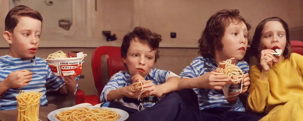 Prompt: a boy and girl at the movies snacking on a spaghetti container, kodachrome, in the style of wes anderson, retro