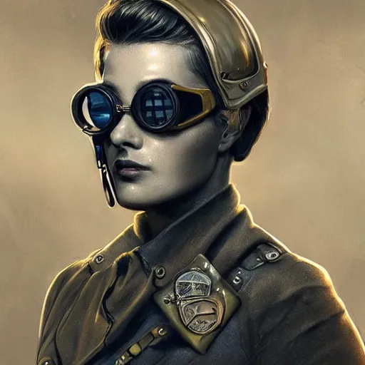 Prompt: anxious awkward dirty tattooed muscular stoic strong sturdy handsome blonde butch emotionless woman engineer, with very short slicked - back hair, wearing victorian brass goggles, dirty ripped flight suit, highly detailed, digital painting, artstation, concept art, matte, sharp focus, illustration, art by artgerm and greg rutkowski - - ar 6 : 1 8
