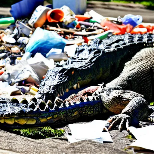 Image similar to one large alligator on a leash sleeping next to a very large mound of trash, papers, junk, and metal parts